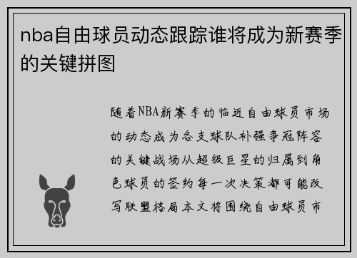 nba自由球员动态跟踪谁将成为新赛季的关键拼图