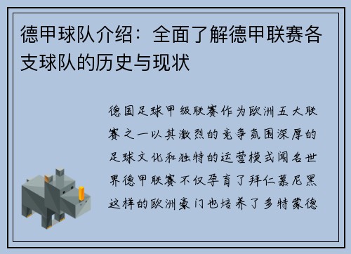 德甲球队介绍：全面了解德甲联赛各支球队的历史与现状