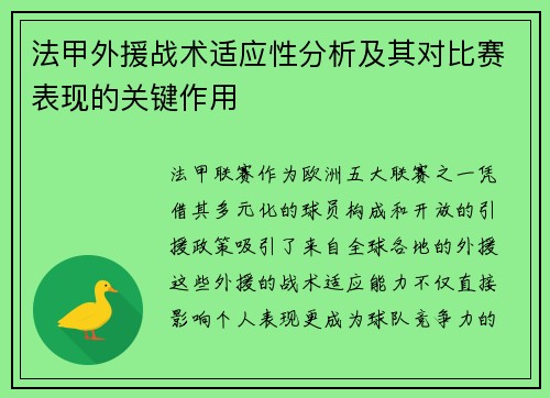 法甲外援战术适应性分析及其对比赛表现的关键作用